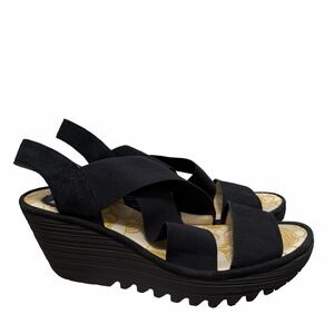 FLY London Womens Criss Cross Strappy Wedge Sandals US 9-9.5 EU 40 Black Comfort